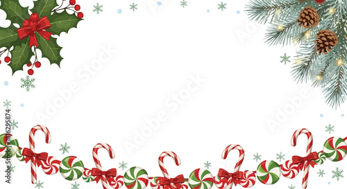 Christmas border design with holly, candy canes, and snowflakes on a white background, featuring a festive holiday pattern.