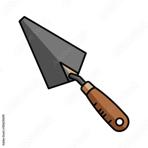 Trowel with a wooden handle used for bricklaying and masonry work against a black background