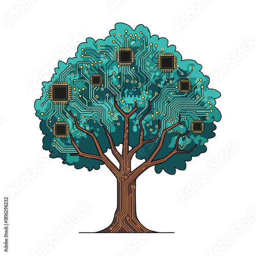 Digital Tree with Circuit Board Leaves and Microchips.