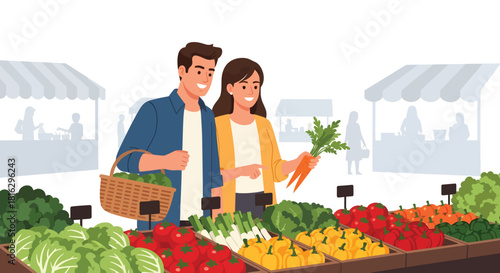 Happy couple chooses fresh carrots at vibrant farmers market for healthy cooking at home together