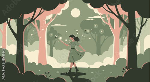 A serene illustration of a woman walking in a mystical forest under the moonlight surrounded by