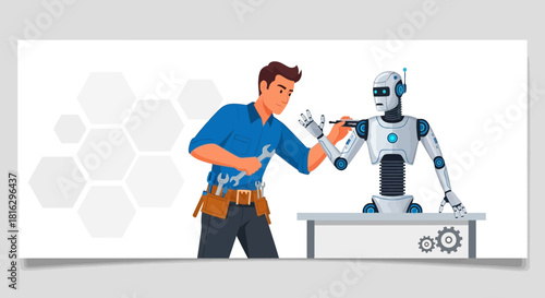 A skilled technician repairs a modern robot, emphasizing technology and innovation  in robotics