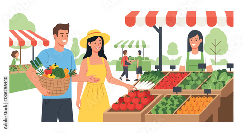 Couple enjoys shopping for vibrant, fresh produce at a thriving local farmer's market on a sunny day