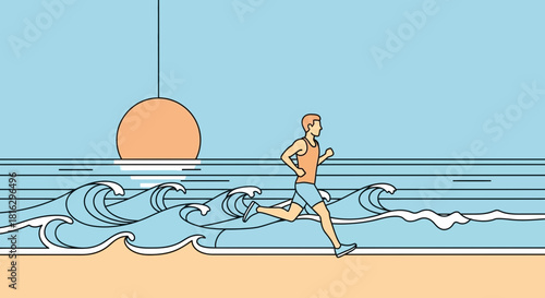 A stylized illustration of a man jogging on a beach during sunrise against blue sky