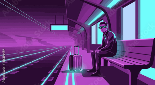 A stylized illustration of a traveler waiting at a neon-lit train station platform