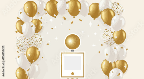 Festive golden and white balloons photo booth frame backdrop celebration design