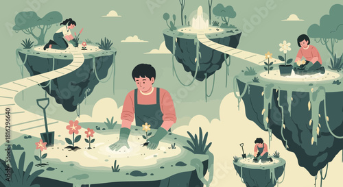 Floating garden islands with people gardening and a path connecting each island illustration