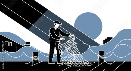 Fisherman with Net on Pier at Sunrise in Stylized Minimalist Vector Illustration