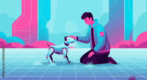 Futuristic bond: A man connecting with his robotic dog in a stylized landscape