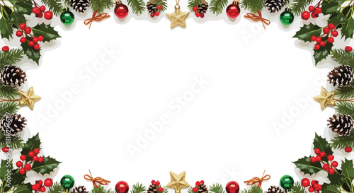 Christmas border design with holly, pinecones, red berries, green and gold ornaments on a white background, featuring a festive holiday frame.
