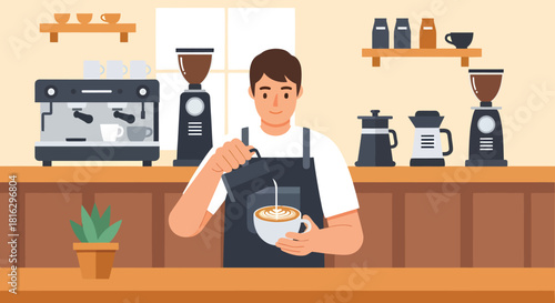 Professional barista creating latte art in a modern cafe setting, perfect for coffee culture and small business vibes