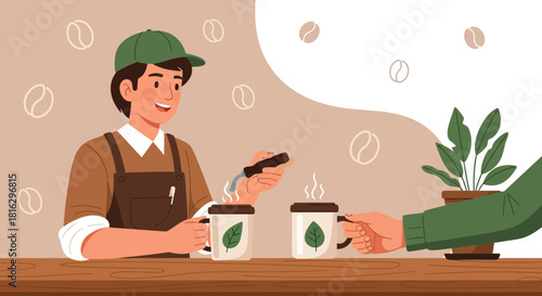 A friendly barista expertly prepares and hands over a steaming cup of organic coffee in a cozy