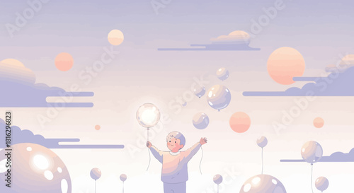A child releases balloons into a whimsical sky in a dreamy illustration scene