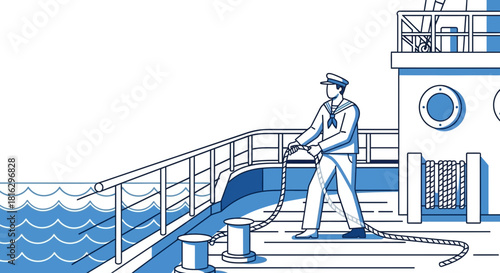 A sailor on deck, working with a rope in a classic nautical style illustration