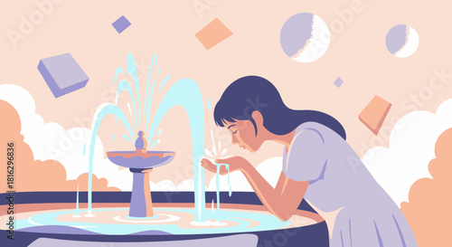 A refreshing moment: Woman washing her face at a tranquil fountain in a park scene with geometric