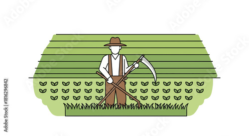 A minimalist vector illustration of a farmer with a scythe in a rural landscape creating a