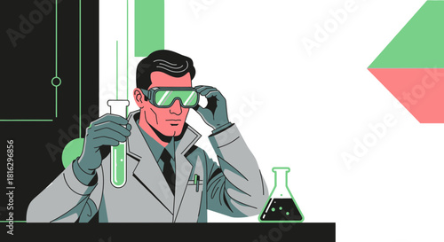 A scientist conducting an experiment in a laboratory, wearing safety goggles and holding a test tube
