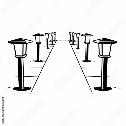 Black and white illustration of pathway lights lining a walkway