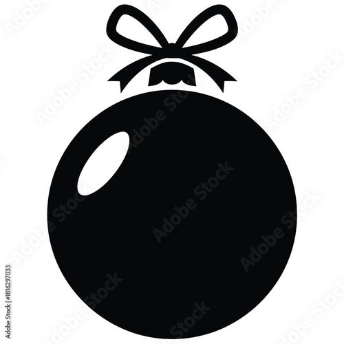 Black Silhouette of a Christmas Ornament with a Bow on a White Background decoration holiday