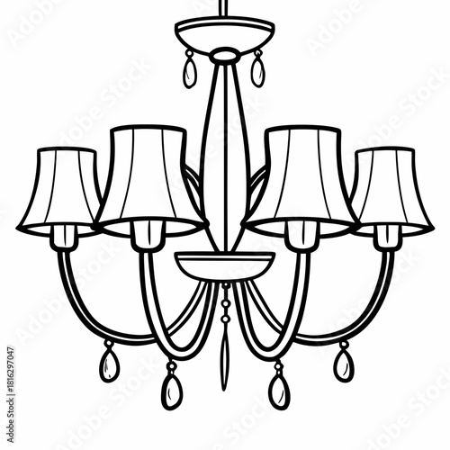 Black and white line art drawing of an elegant chandelier isolated on