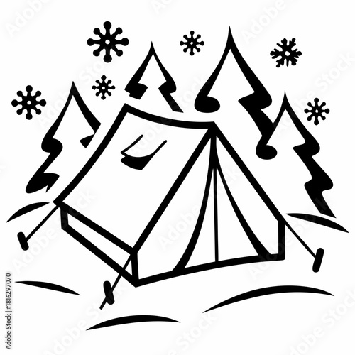 Black and white outline drawing of a winter tent camping scene with snow