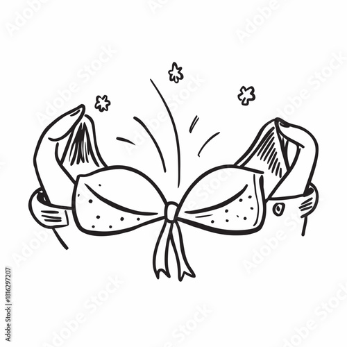 Doodle drawing of hands holding a sparkling bow tie isolated on