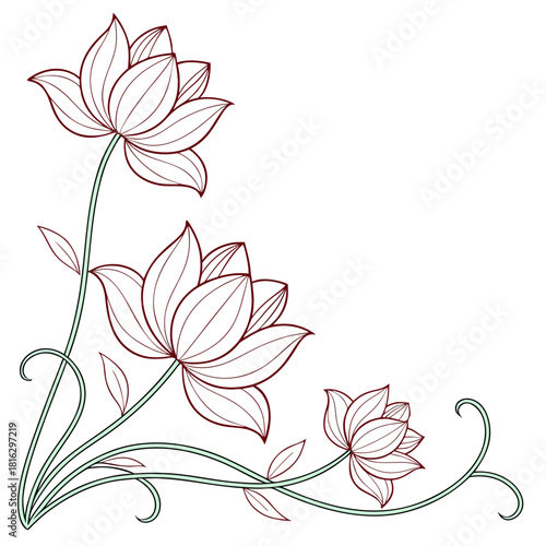 Elegant line art corner border design featuring three lotus flower blooms