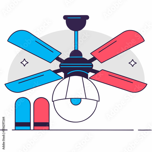 Illustration of a ceiling fan with light fixture and spare bulb covers isolated on