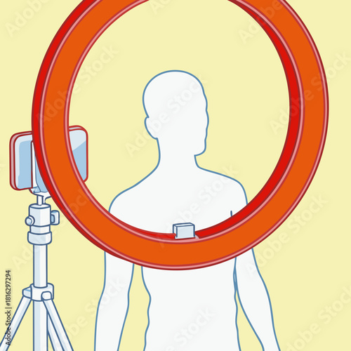 Illustration of a person using a ring light and smartphone for recording
