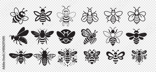 Assortment of various bee icons isolated on transparent background honeybee bumblebee hornet wasp