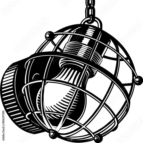 Vintage industrial hanging light bulb with protective wire cage