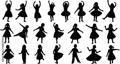 Collection of little girl silhouettes dancing and twirling in dresses isolated on white background vector.