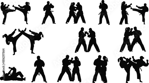 Martial arts vector silhouettes collection of fighters performing karate kicks, sparring, and combat poses on white background