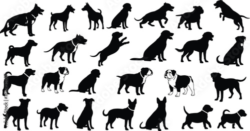 Vector collection of diverse dog silhouettes including german shepherd bulldog and labrador performing actions isolated on white background illustration set.
