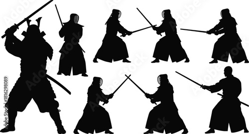 Silhouette collection of japanese samurai warrior and kendo fighters wielding swords in martial arts poses isolated on white background vector.