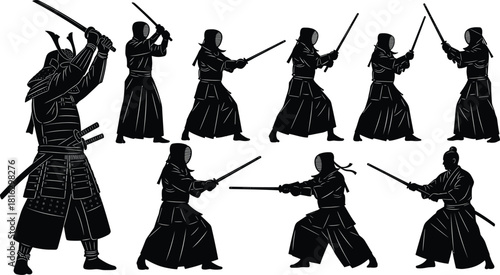 Vector silhouette set of japanese samurai warrior and kendo fighters with swords in various martial arts poses on white background.