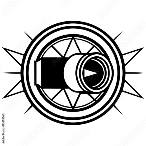 Black and white stylized logo featuring a camera lens and compass points