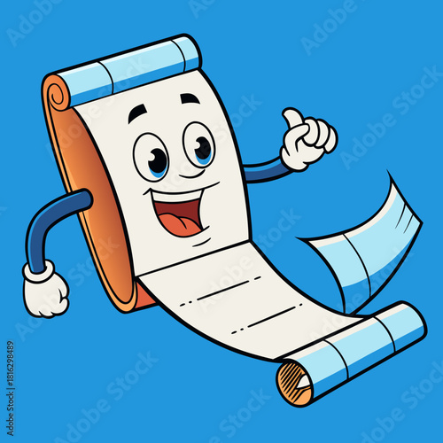 Cartoon character of a happy, unrolling scroll or list against blue