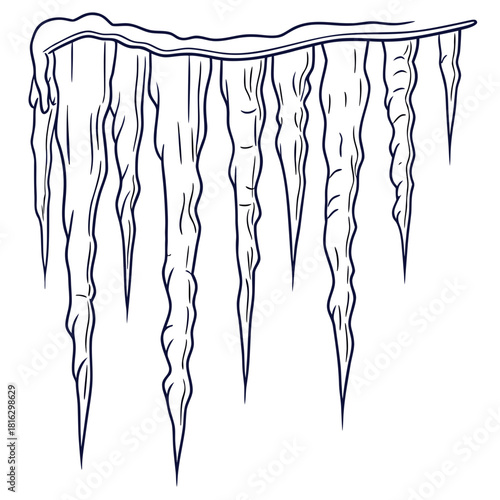 Line art drawing of several sharp icicles hanging from a snowy roof edge