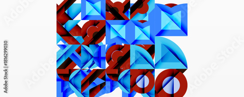 Abstract geometric shapes, red and blue hues, complex composition. Modern design, digital art, vibrant colors, interesting texture.