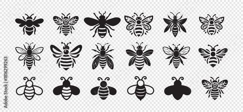 Set of honey bee icons isolated on transparent background flying bee insect vector illustration