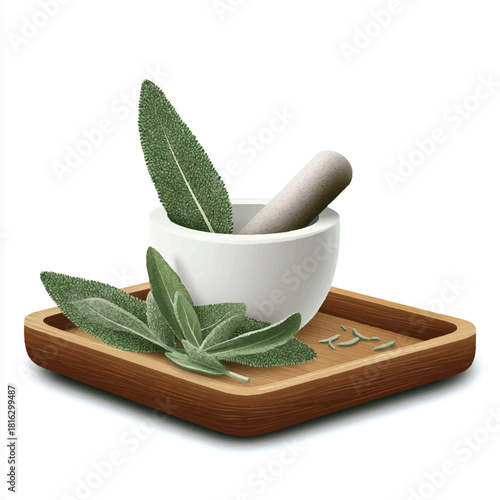  Fresh sage leaves and mortar pestle on wooden tray