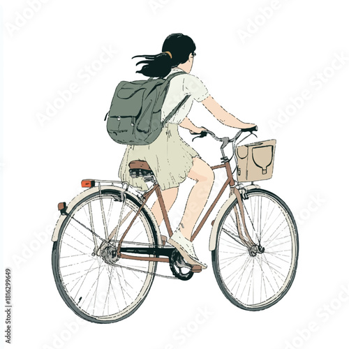  Girl riding bicycle with backpack