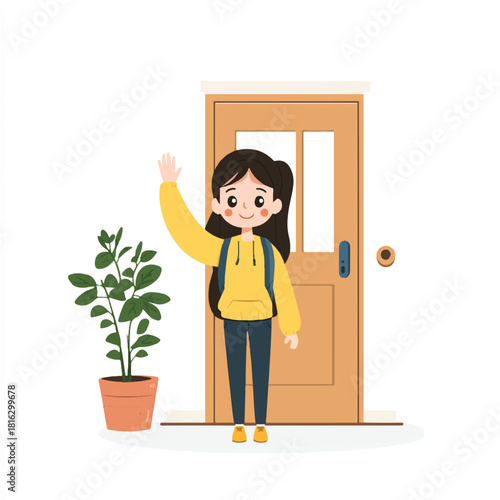 Girl waving goodbye at front door