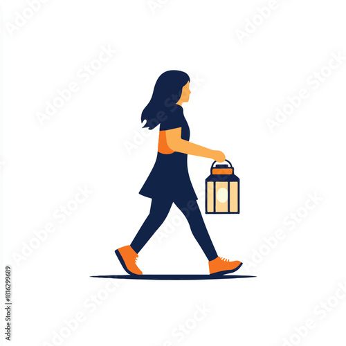 Girl Walking With Lantern Focused On Journey