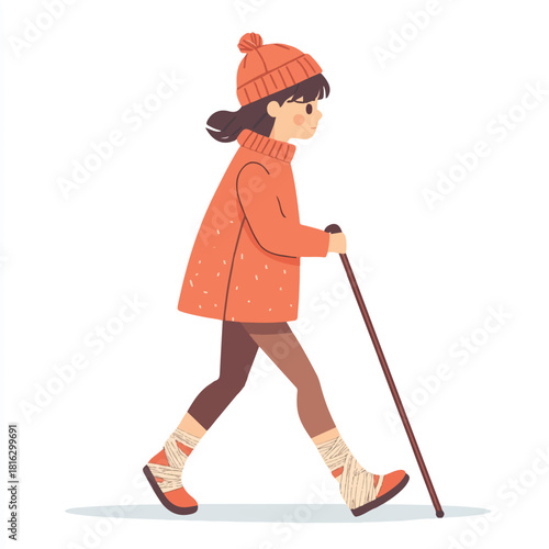 Girl Walking with Cane in Winter Outfit Illustration
