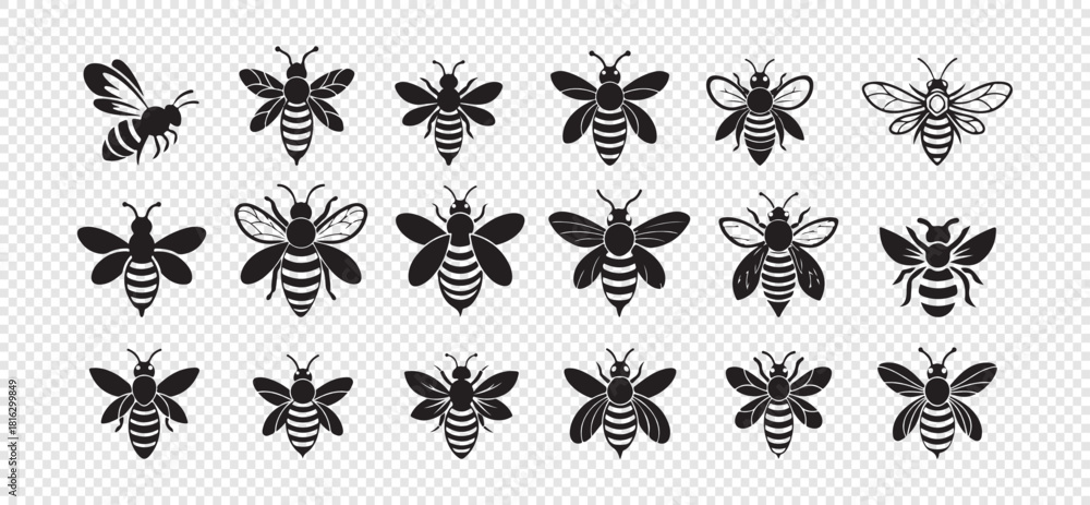 Fototapeta premium Set of black bee icon isolated on transparent background vector illustration for design