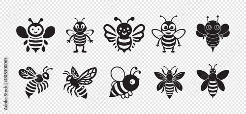 Set of black cute cartoon bee character isolated on transparent background vector illustration