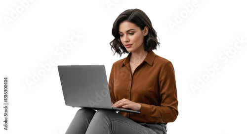 Focused professional woman using laptop for remote work and productivity in modern attire with a neutral expression