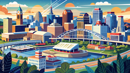 Very beautiful aerial panorama of Cincinnati, Ohio, showcasing the city skyline with a prominent stadium and the Ohio River Bridge, highlighting the dynamic urban architecture and scenic riverfront vi